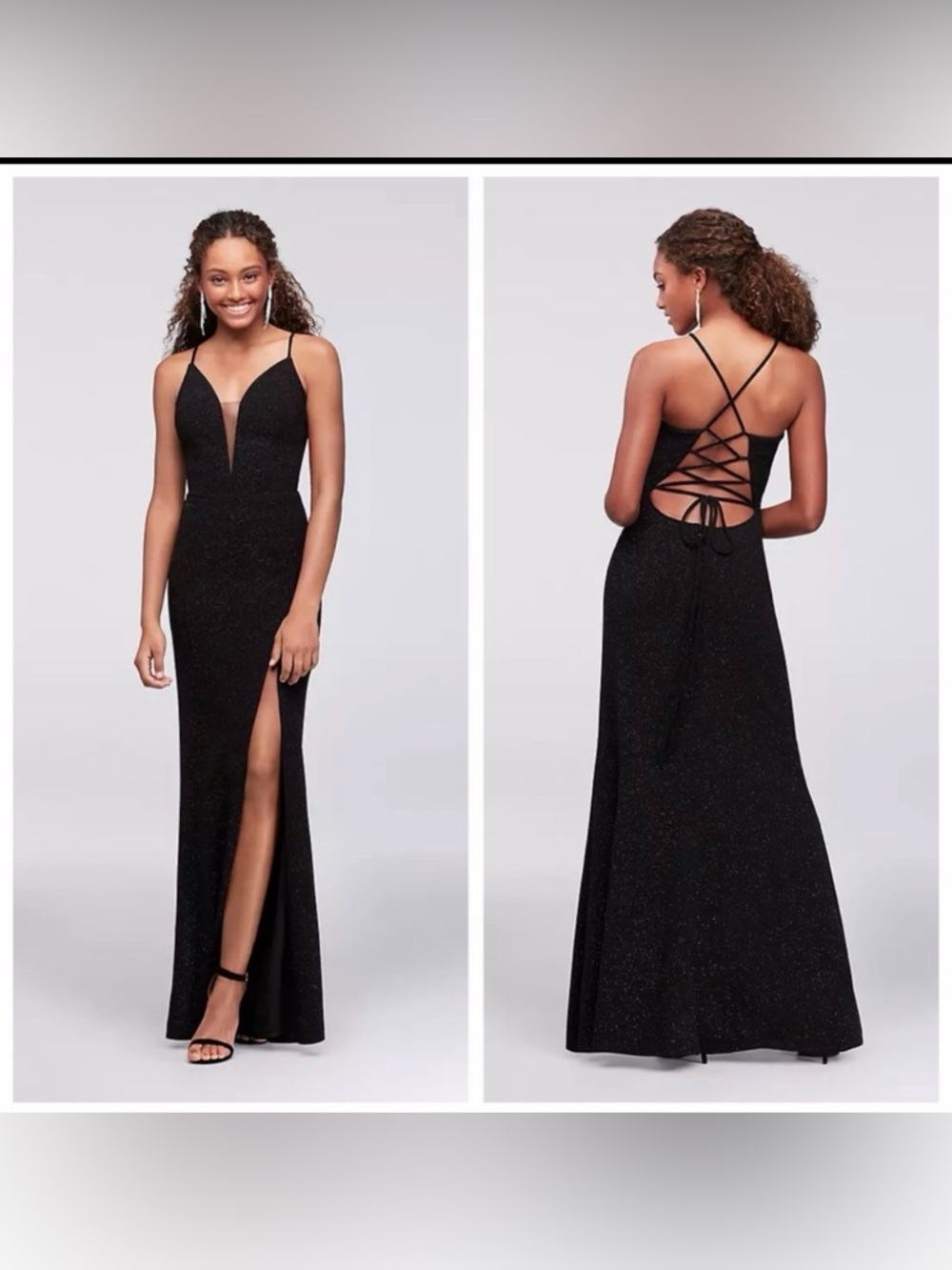 CACHET Glitter Knit Sheath Maxi Dress with Illusion Plunge Size 8 Black